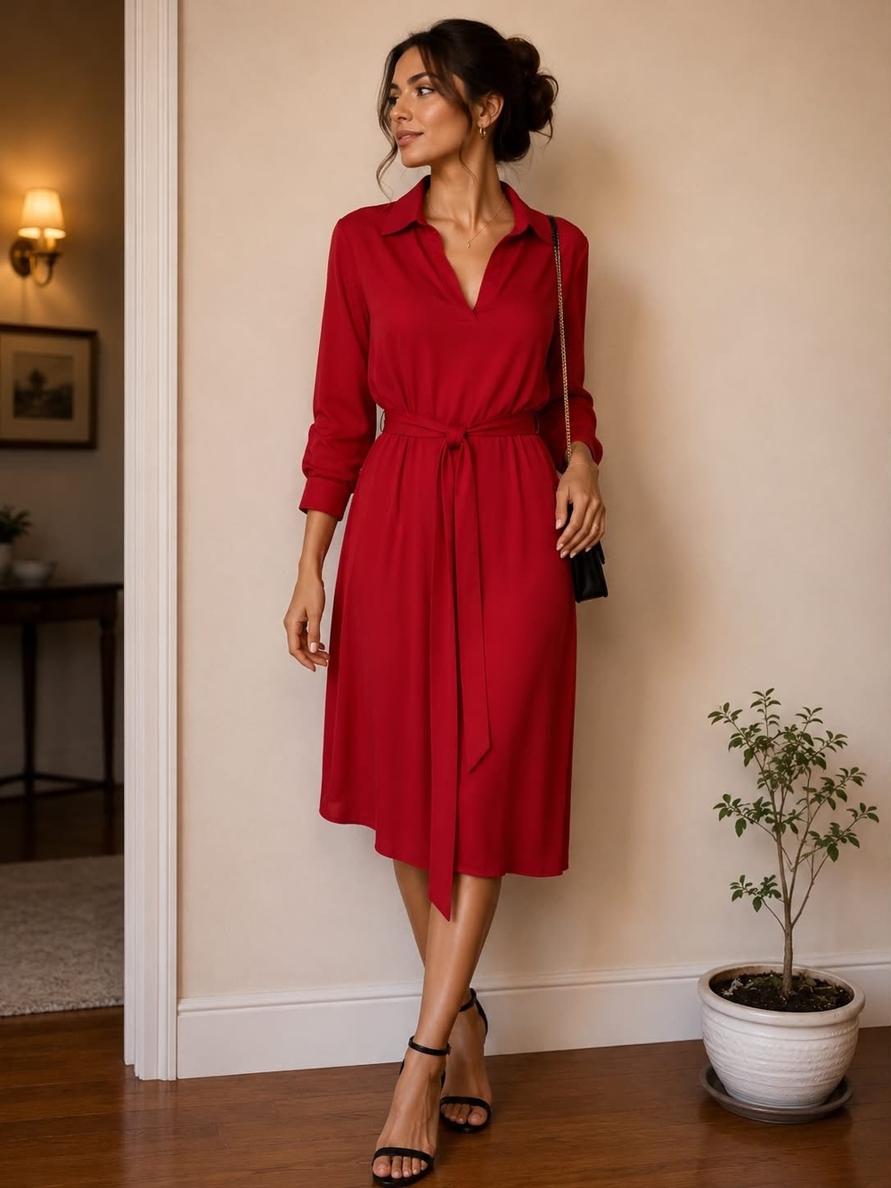 Elegant Red Midi Shirt Dress with Self Tie Waist